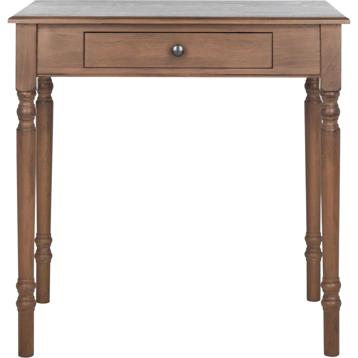 Brown writing desk with a slim center drawer, dark round knob, and slender turned legs || DSK5710B || front_studio