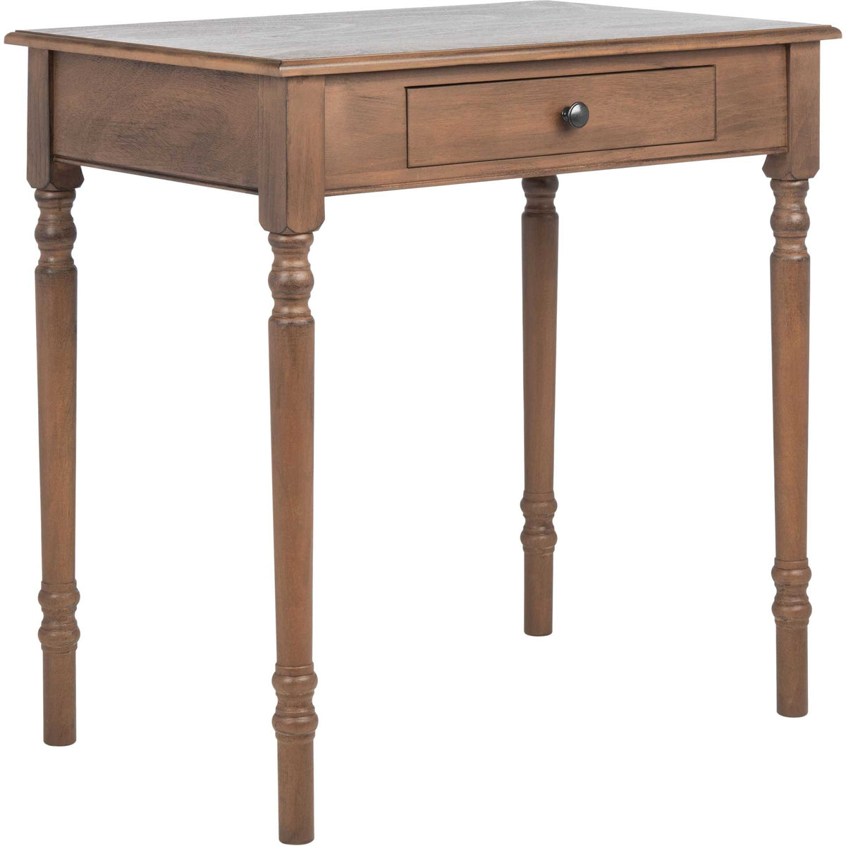 Warm brown desk with a rectangular top, handy drawer, and turned legs || DSK5710B || front_angle_studio
