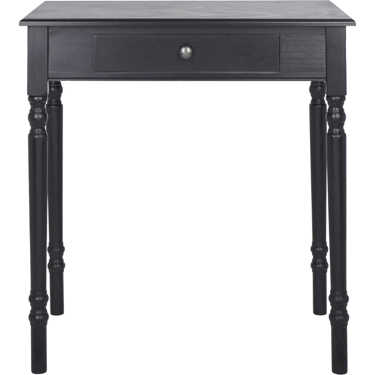 Black writing desk with a centered drawer, round metal knob, and four turned legs || DSK5710C || front_studio