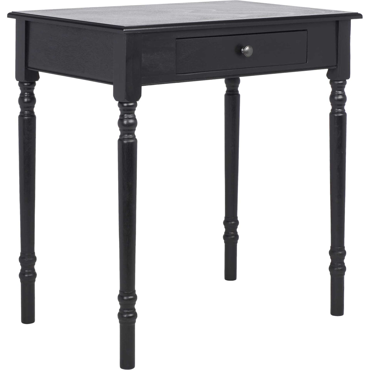 Black desk with a rectangular worktop, slim drawer, and slender turned legs || DSK5710C || front_angle_studio