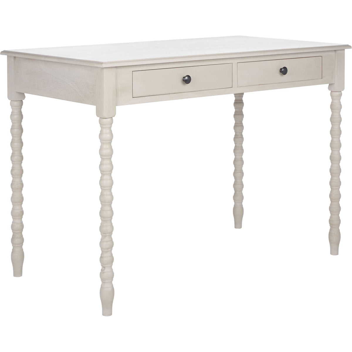 Soft taupe finish and decorative turned legs add character to a two-drawer desk || DSK5711C || front_angle_studio