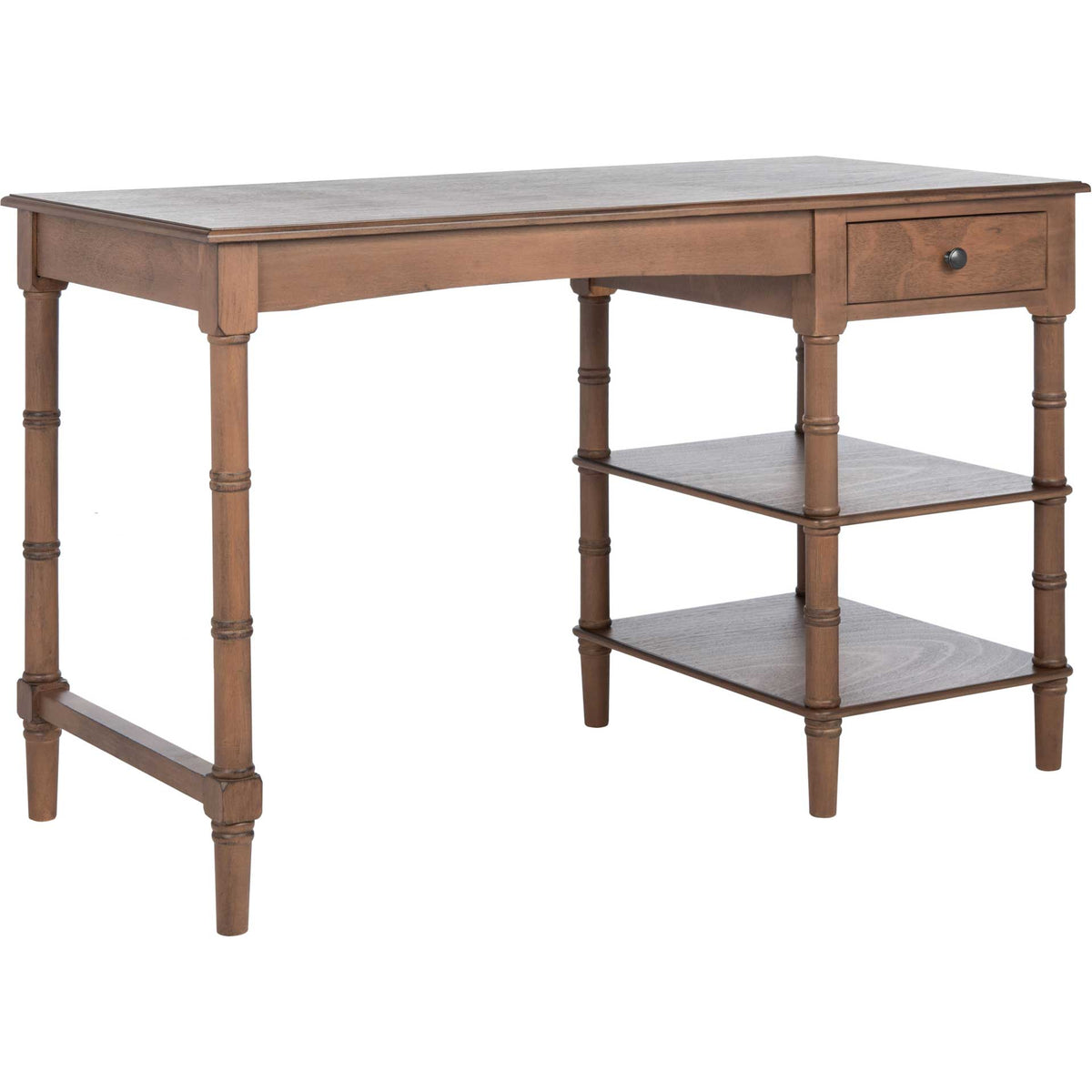 A spacious brown desktop rests on turned legs, with one drawer and two open shelves for storage. || DSK5712B || front_angle_studio