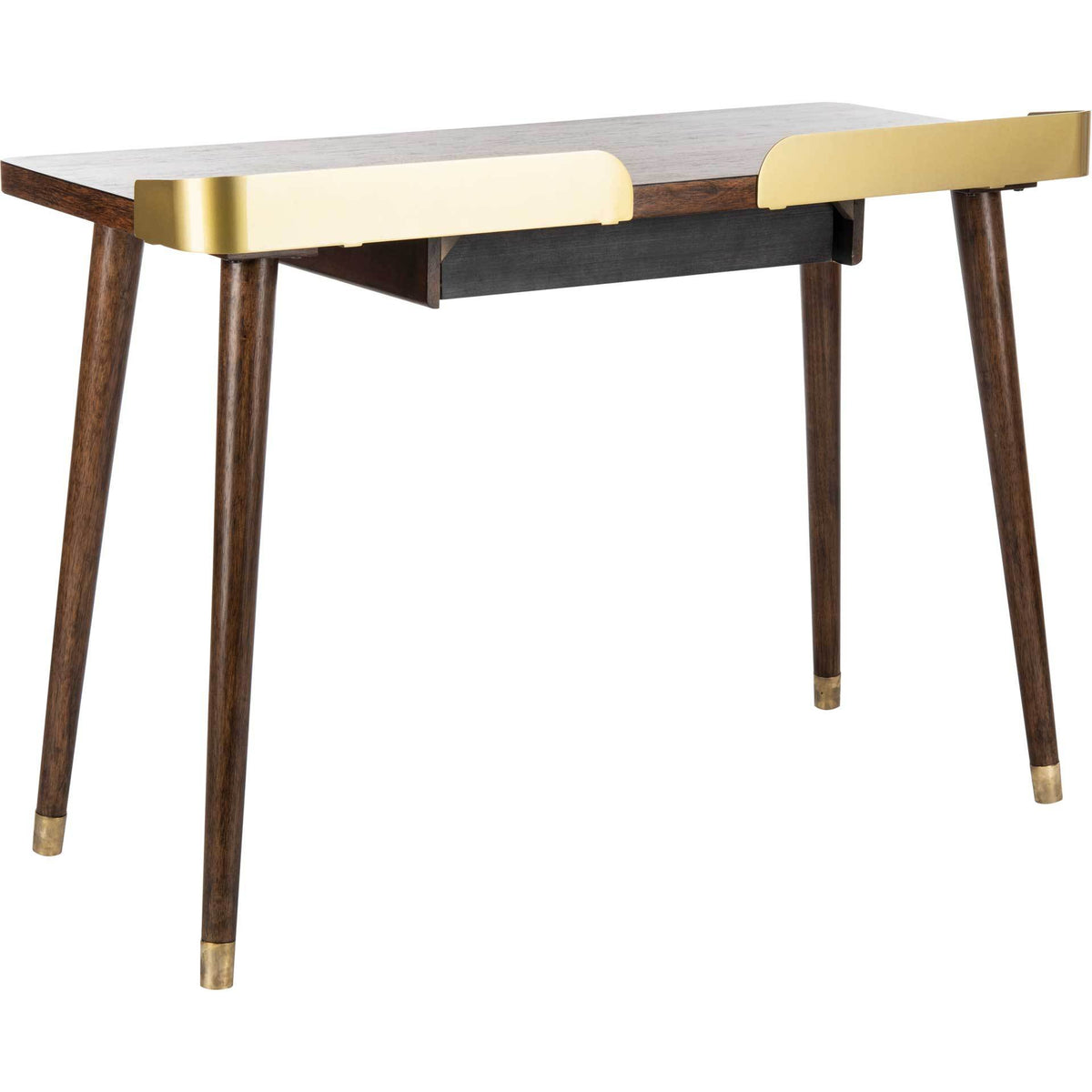 Warm wood grain contrasts with gold corner guards and long angled legs