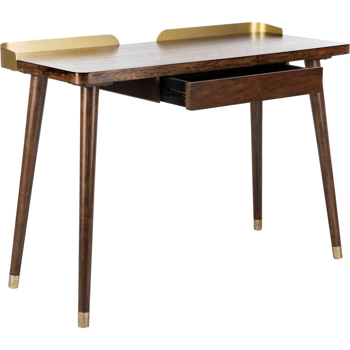 An open, black-lined drawer adds storage beneath a walnut top with raised gold accents
