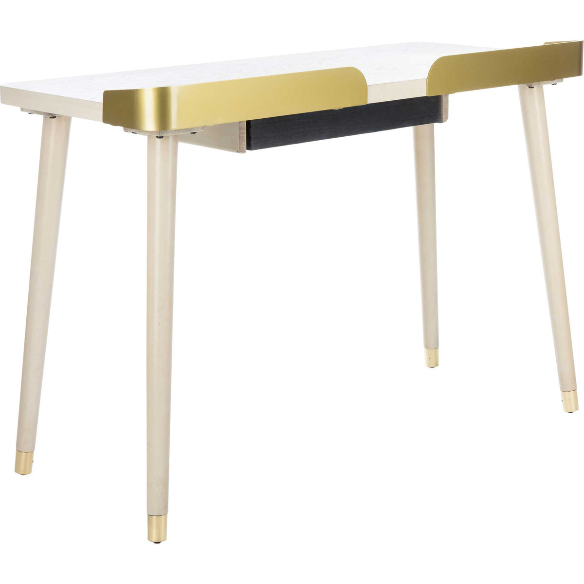 A pale wood-grain surface meets wraparound gold accents and long tapered legs