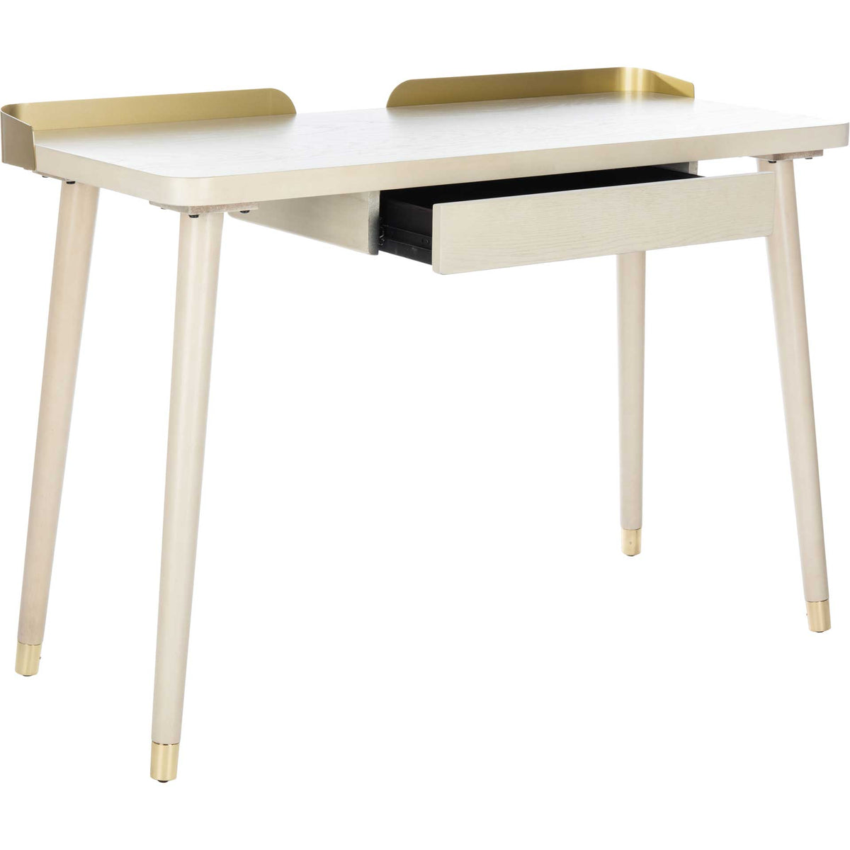 An open, black-lined drawer reveals storage beneath a whitewashed top accented in gold