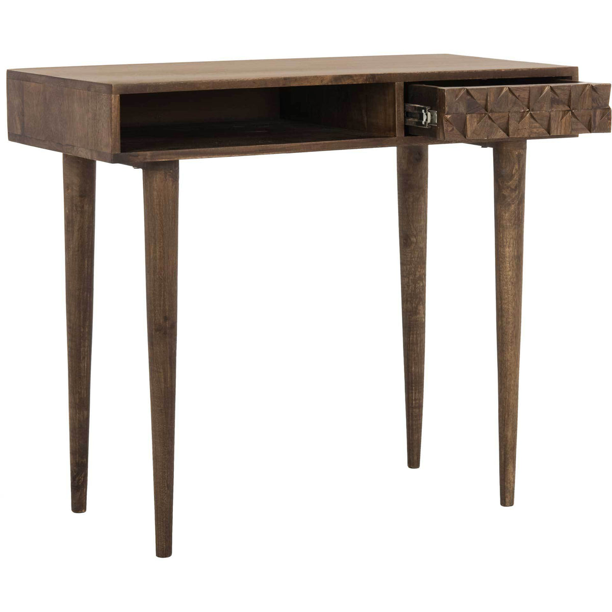 A carved drawer slides open beside a spacious shelf in this walnut-toned mango wood desk.