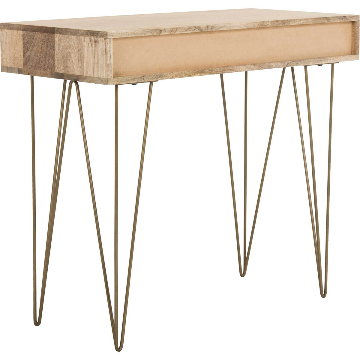 Natural wood frames a smooth, clean-lined panel above slender brass-tone metal legs