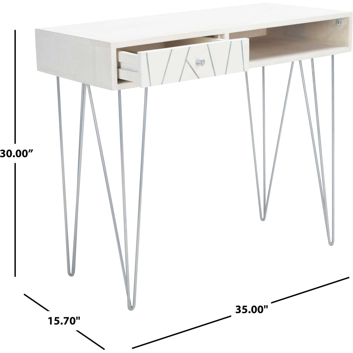 This silver-accented desk measures 35 inches wide, 15.7 inches deep, and 30 inches high