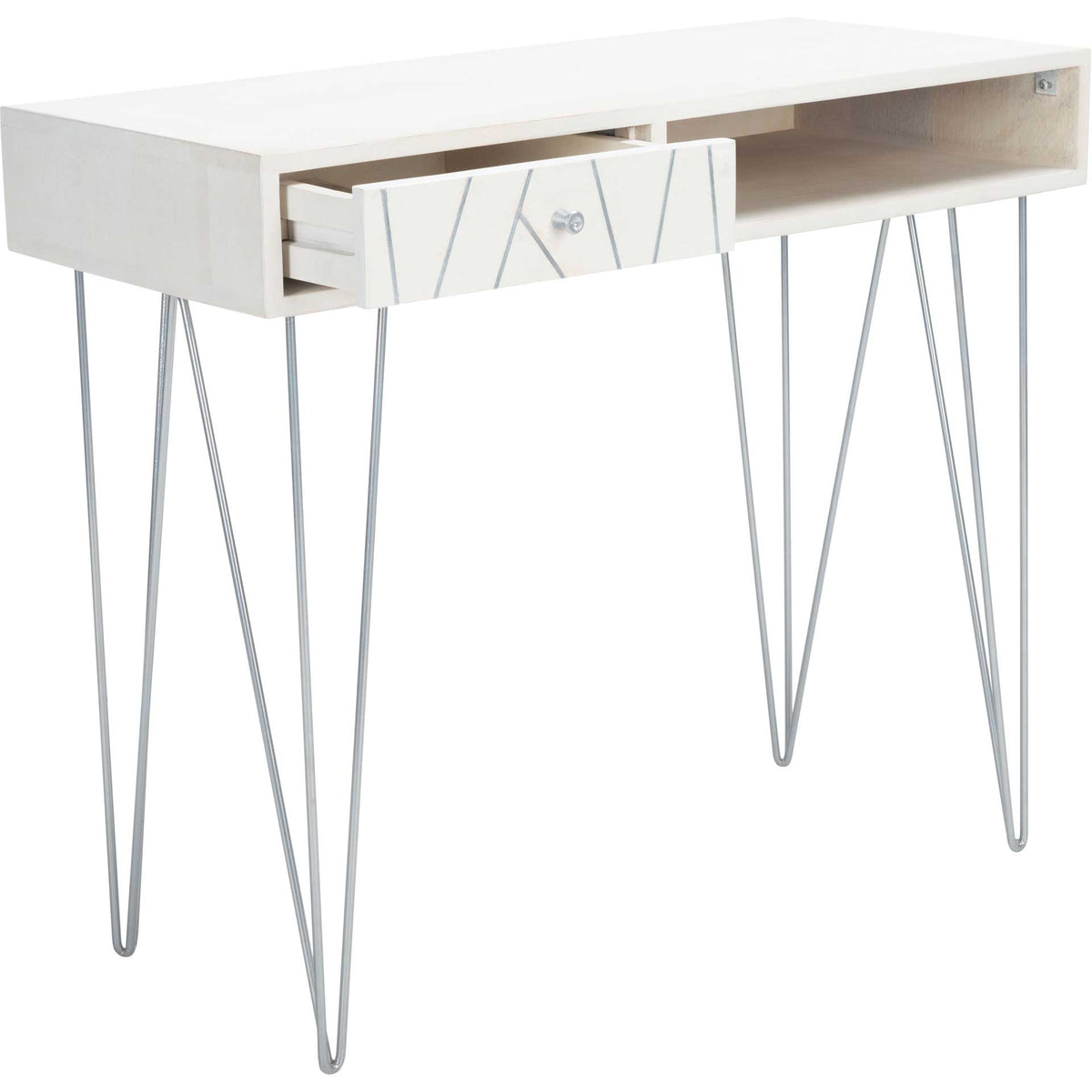 The silver-accented drawer slides open beside an airy storage cubby on this whitewashed desk