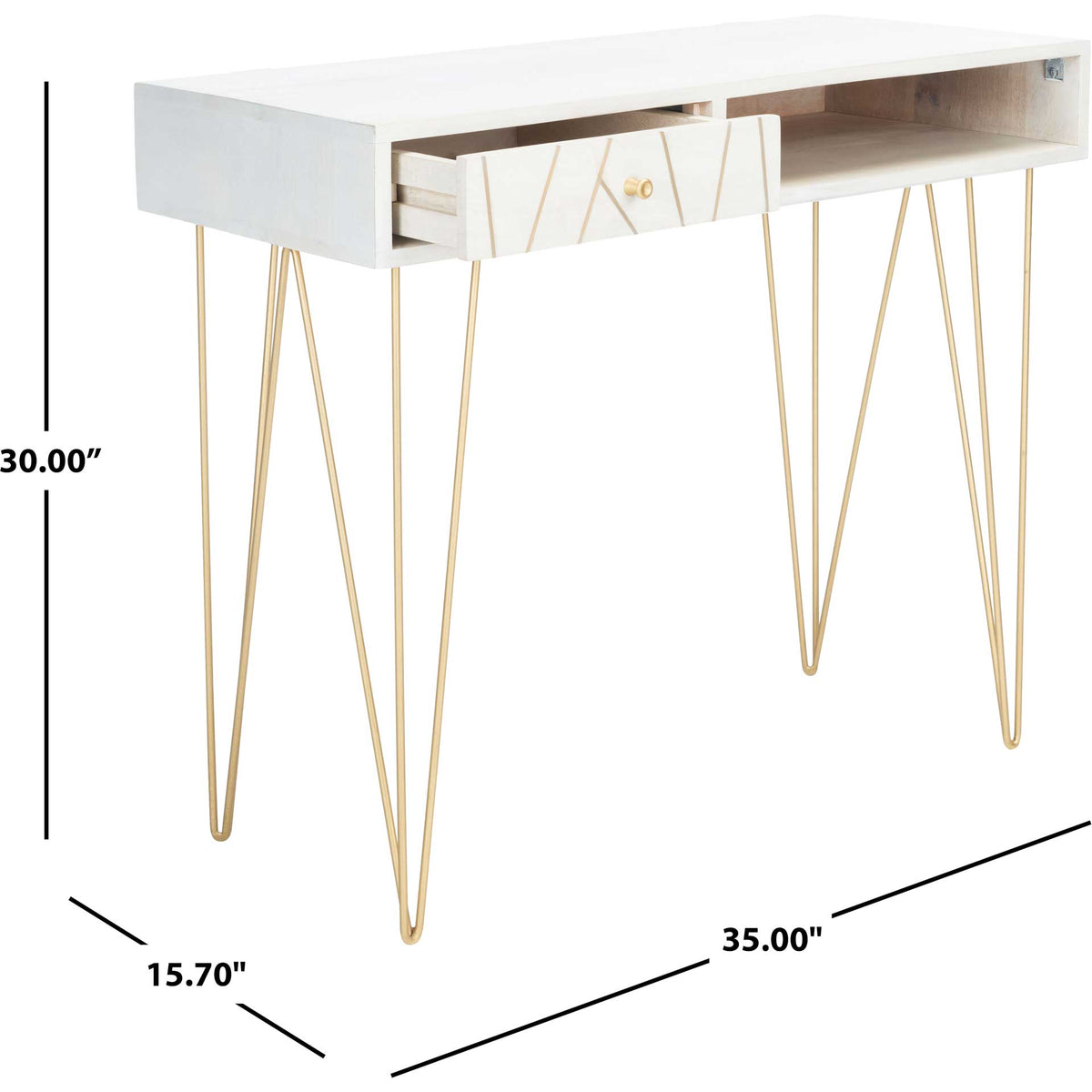A 35-inch-wide, 15.7-inch-deep desk stands 30 inches tall on brass-tone hairpin legs