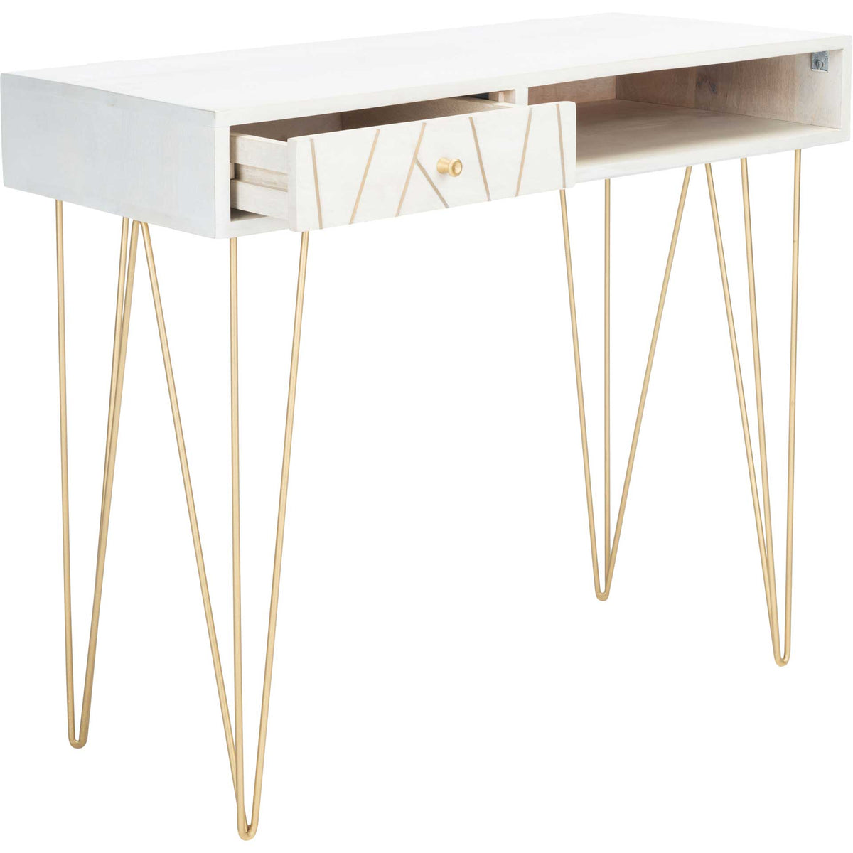 A geometric drawer opens for easy access beside the spacious cubby of this brass-accented desk
