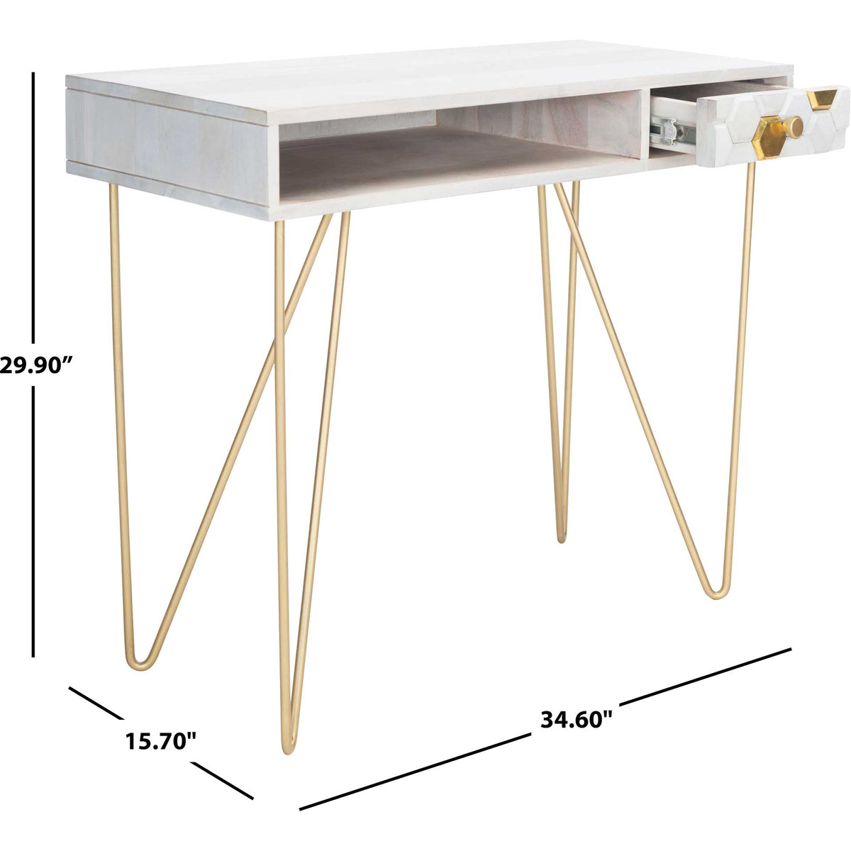 The brass-legged whitewashed desk measures 34.6 inches wide, 15.7 inches deep and 29.9 inches high.