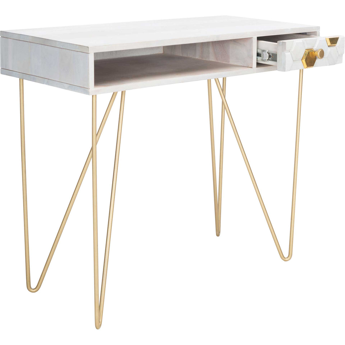 A carved honeycomb drawer slides open beside the desk's airy cubby and brass hairpin legs.