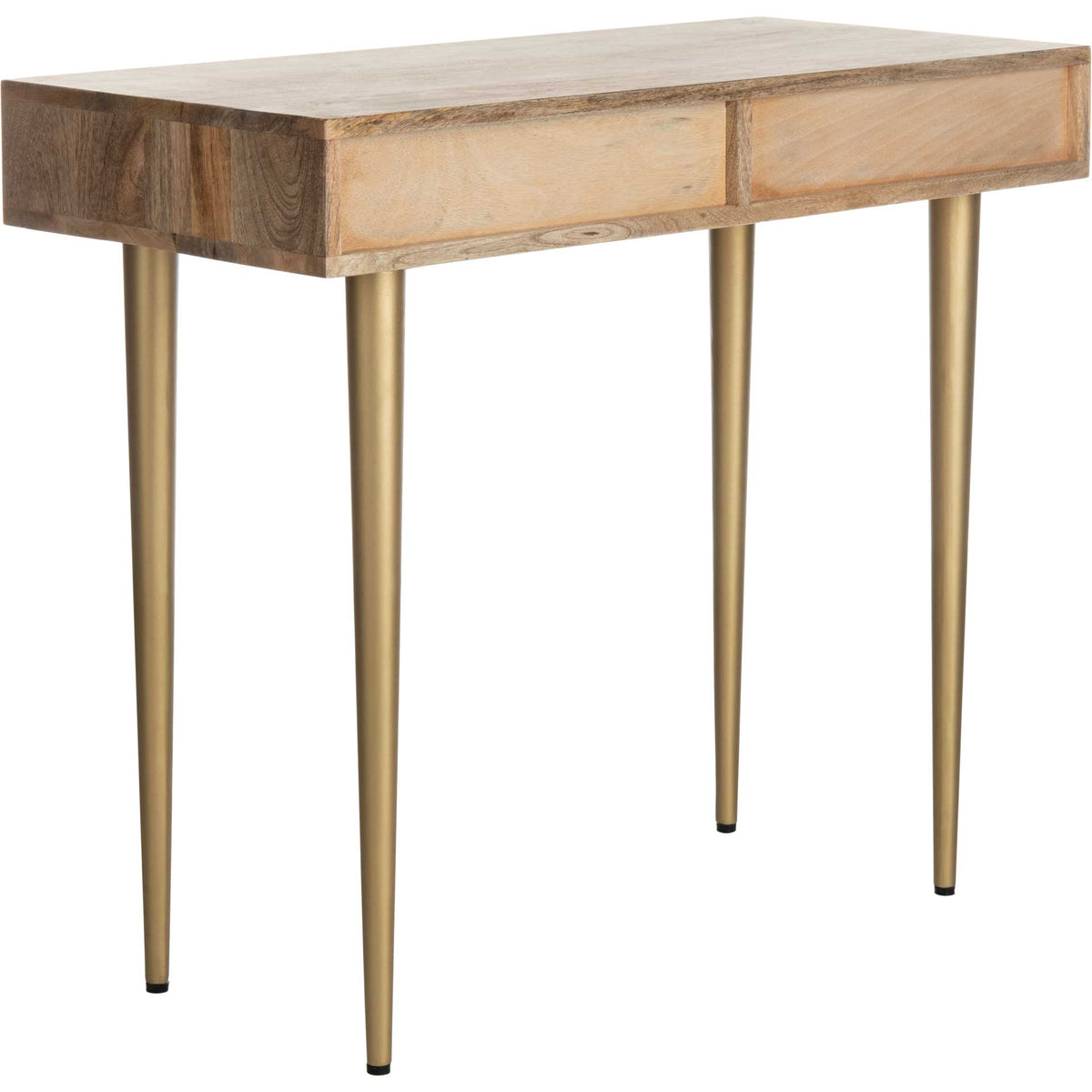 A streamlined wood desktop and paneled back stand on tall, tapered brass legs