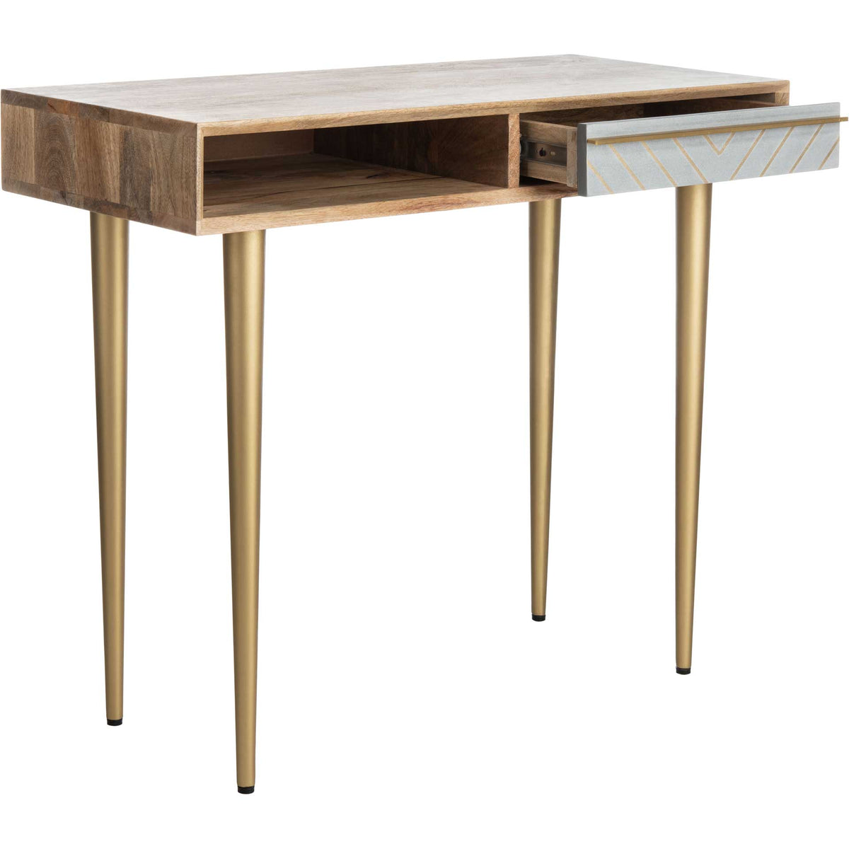A pullout drawer and open cubby offer storage beneath the natural wood top and above tapered brass legs