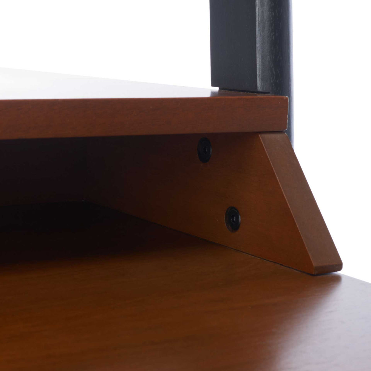 An angled honey-brown brace and dark fasteners reinforce the raised shelf.