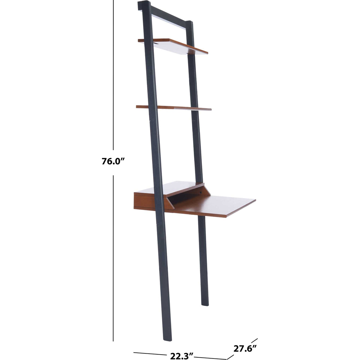 A 76-inch-tall honey-brown and charcoal leaning desk fits a 27.6-by-22.3-inch footprint.