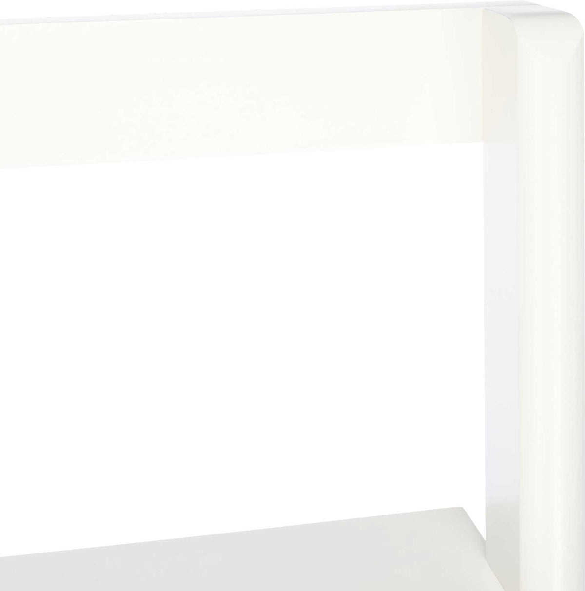 A smooth white crossbar and upright create a crisp frame around the upper shelves.