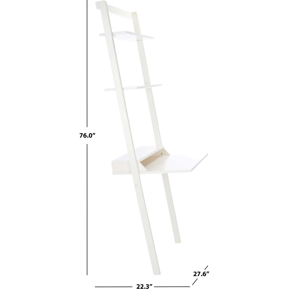 A 76-inch-tall white leaning desk fits a compact 27.6-by-22.3-inch footprint.