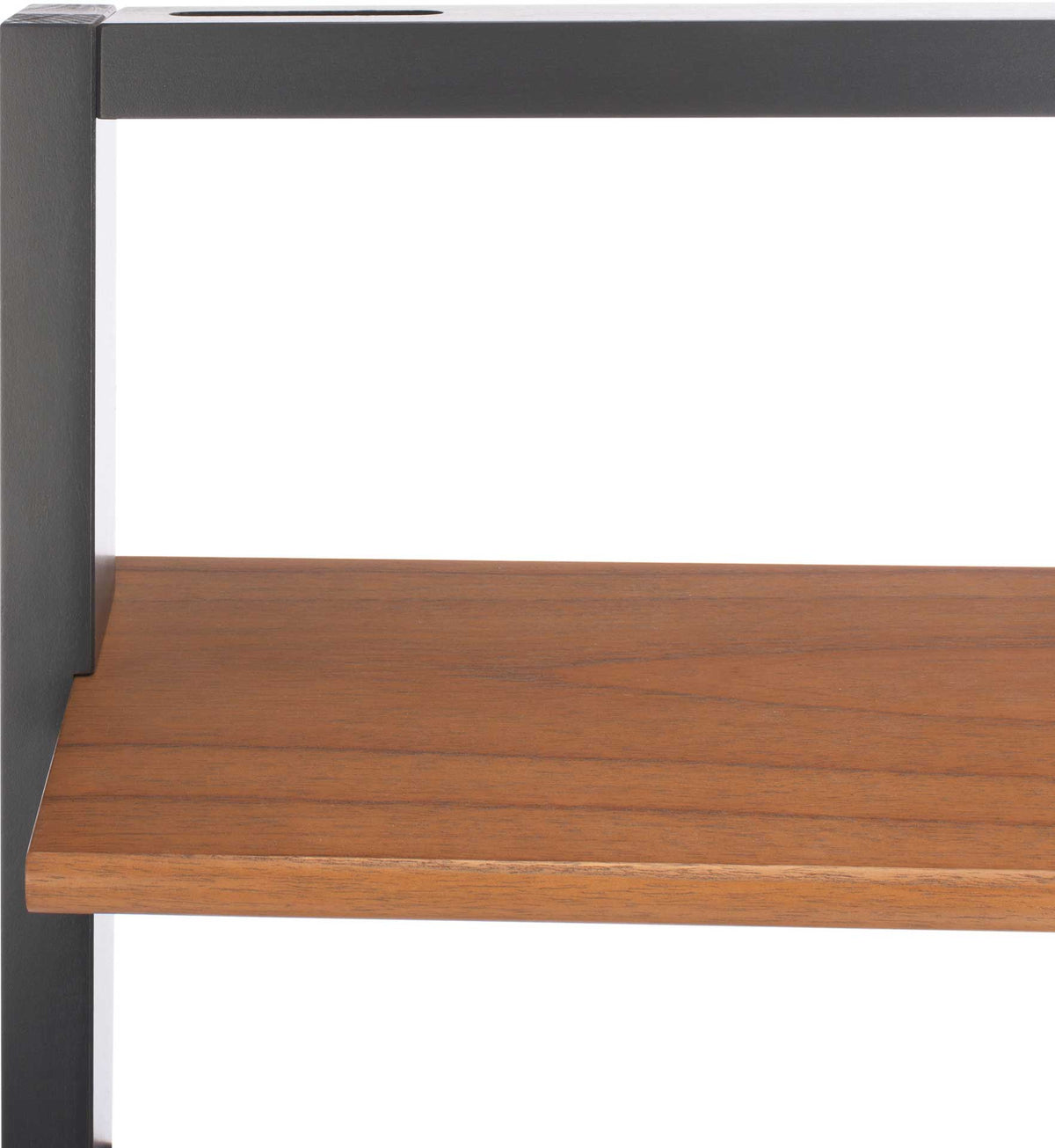 A wood-grain display shelf meets the charcoal frame for a warm, modern contrast.