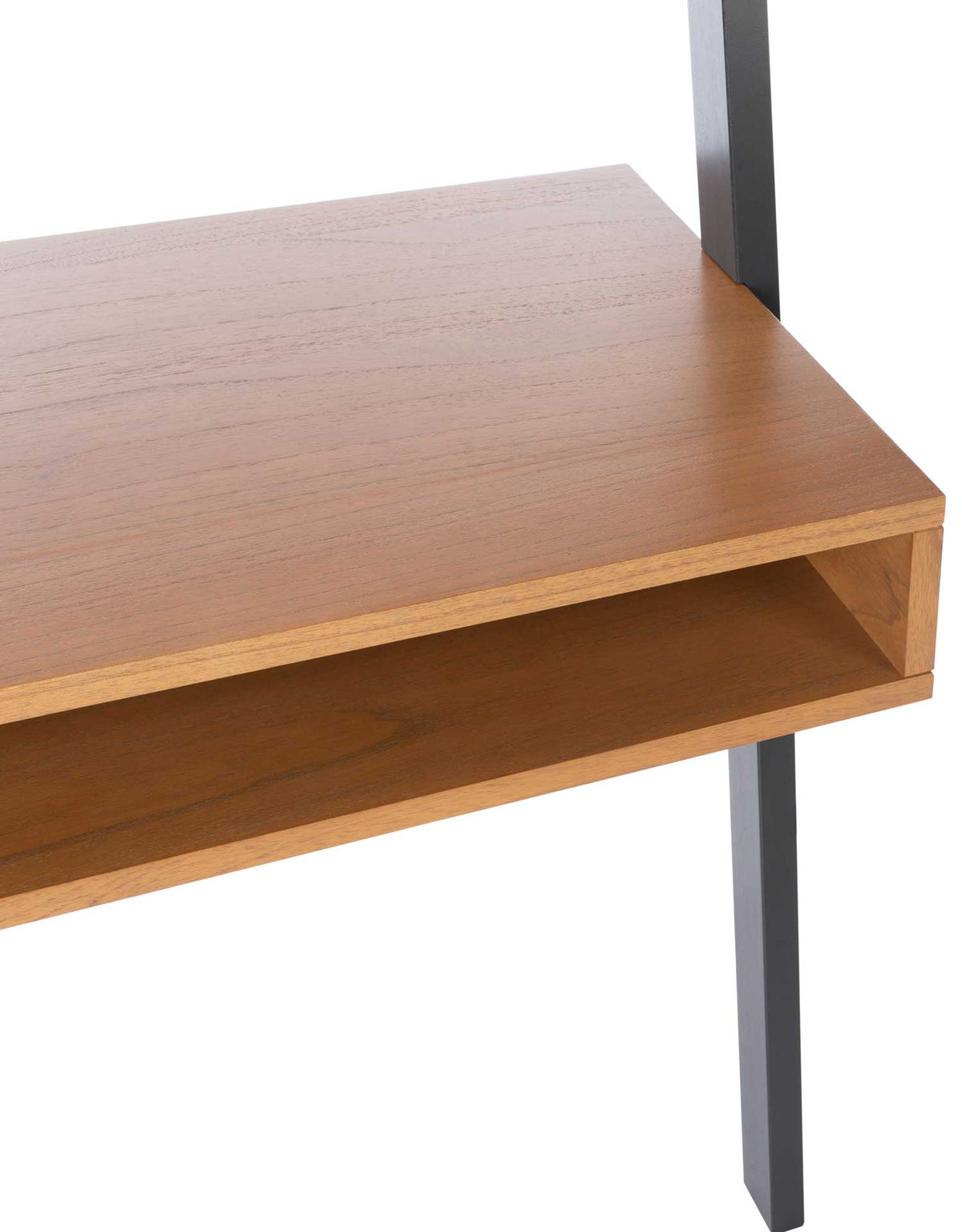 A wood desktop sits above a built-in cubby for easy-access storage.