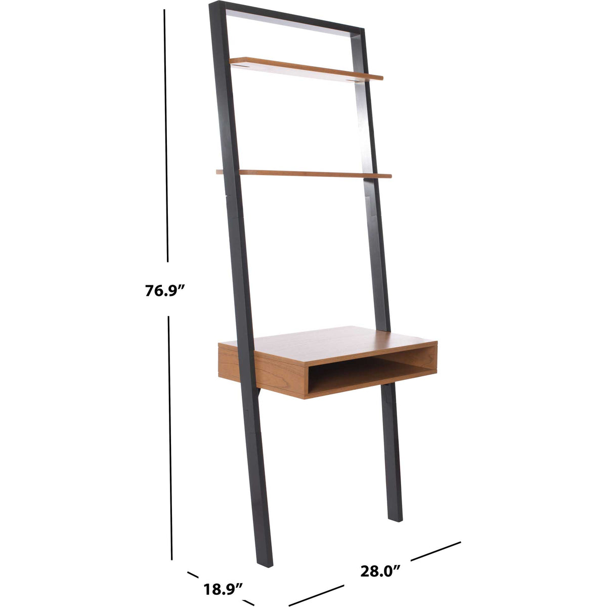 A 76.9-inch-tall leaning desk pairs a 28-inch-wide wood workspace with two upper shelves.