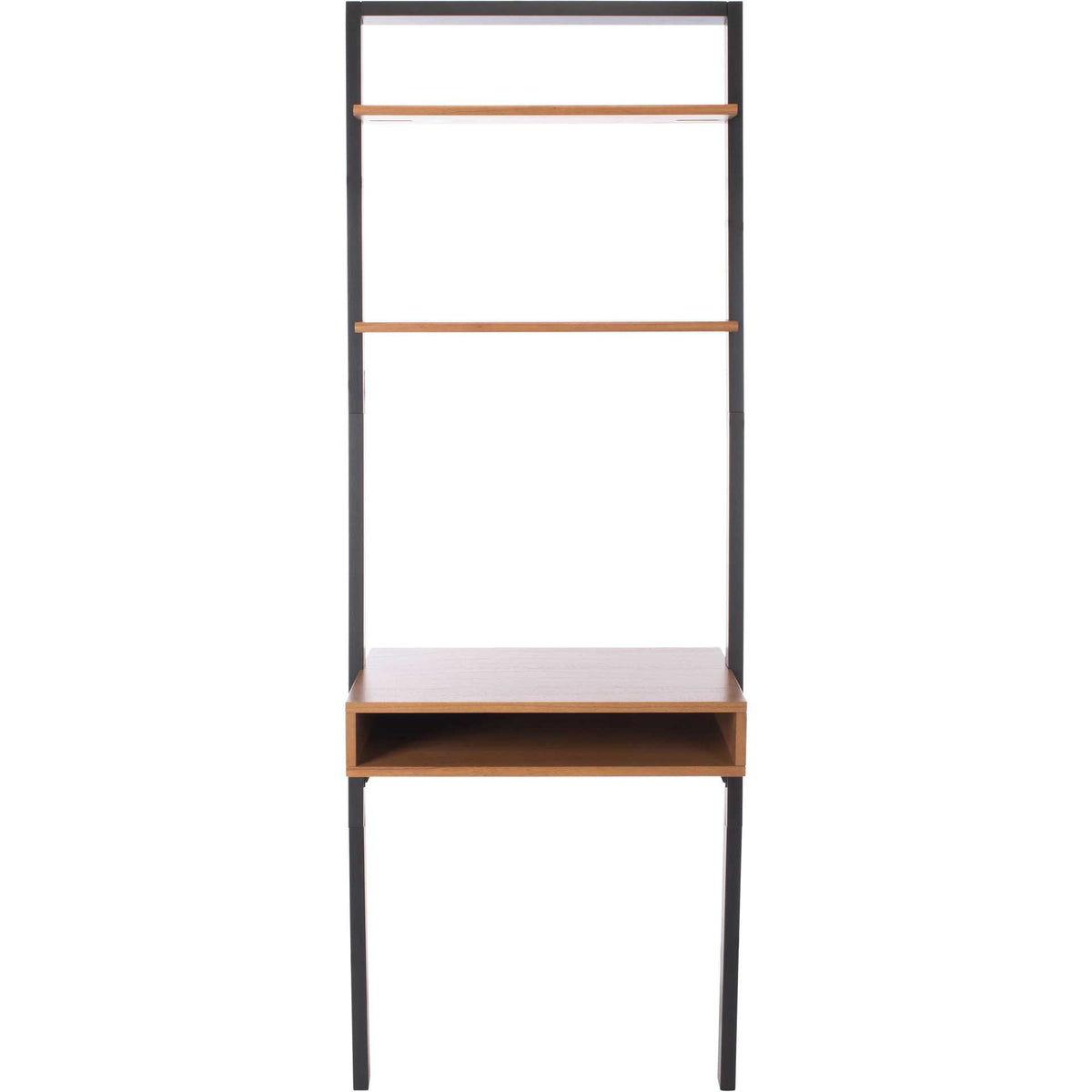 Two upper shelves and an open cubby add storage to a compact wood desk. || DSK9401A || front_studio