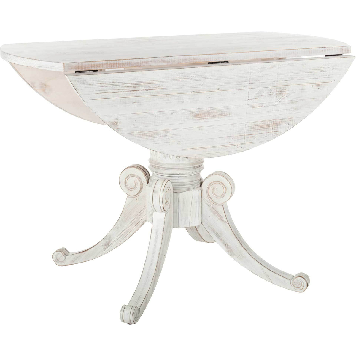 Folded leaves narrow the antique white tabletop above a fluted pedestal and curved feet