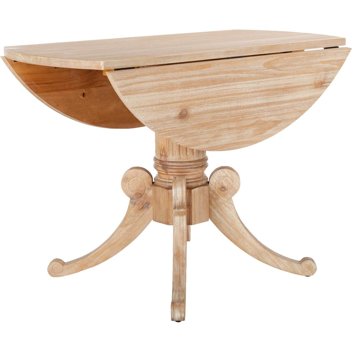 Dropped leaves create a space-saving tabletop while natural wood grain warms the ornate pedestal base