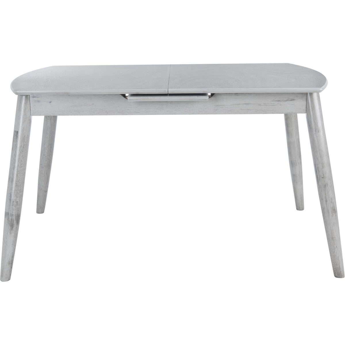 A rounded rectangular top and four tapered, splayed legs give this gray dining table a midcentury feel. || DTB1400B || front_studio