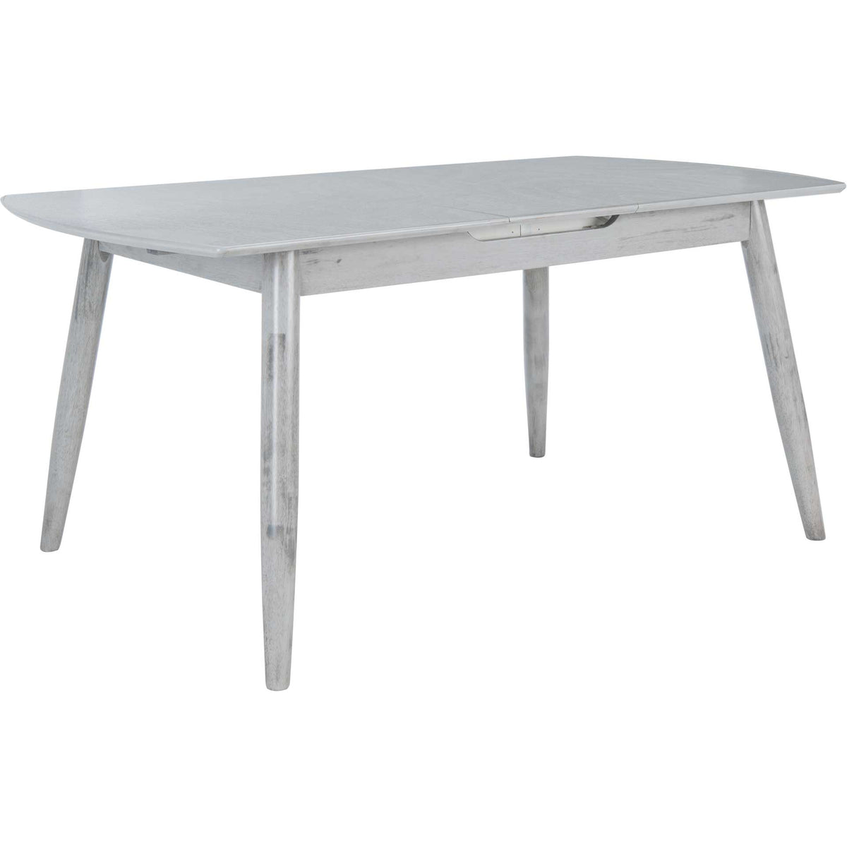 Soft gray wood grain and rounded corners lend this expandable dining table a clean, airy silhouette. || DTB1400B || front_angle_studio