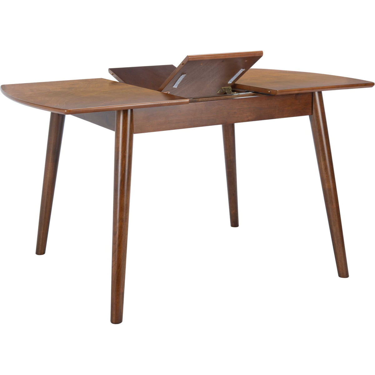 An integrated folding leaf lifts between the tabletop halves for easy expansion.