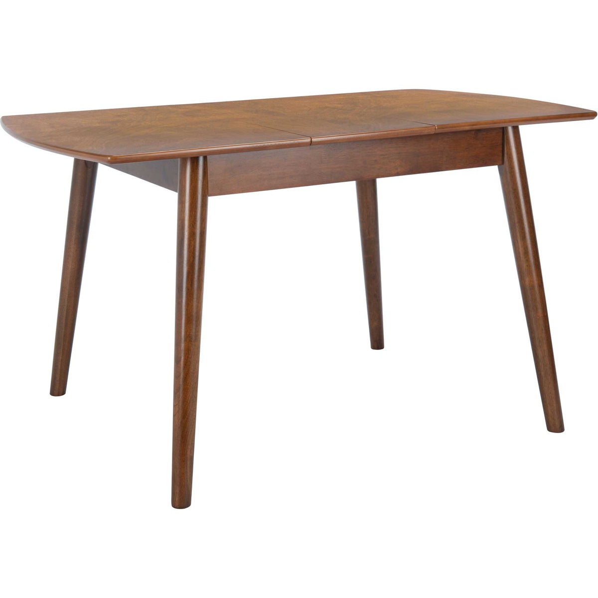 A rich walnut finish warms the softly rounded tabletop and tapered legs. || DTB1402A || front_angle_studio