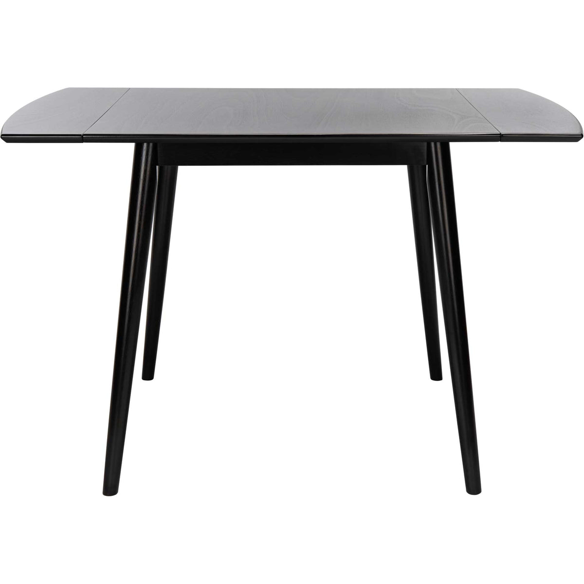 Extended matte black tabletop adds room for guests atop four sleek, tapered legs || DTB1403A || front_converted_studio