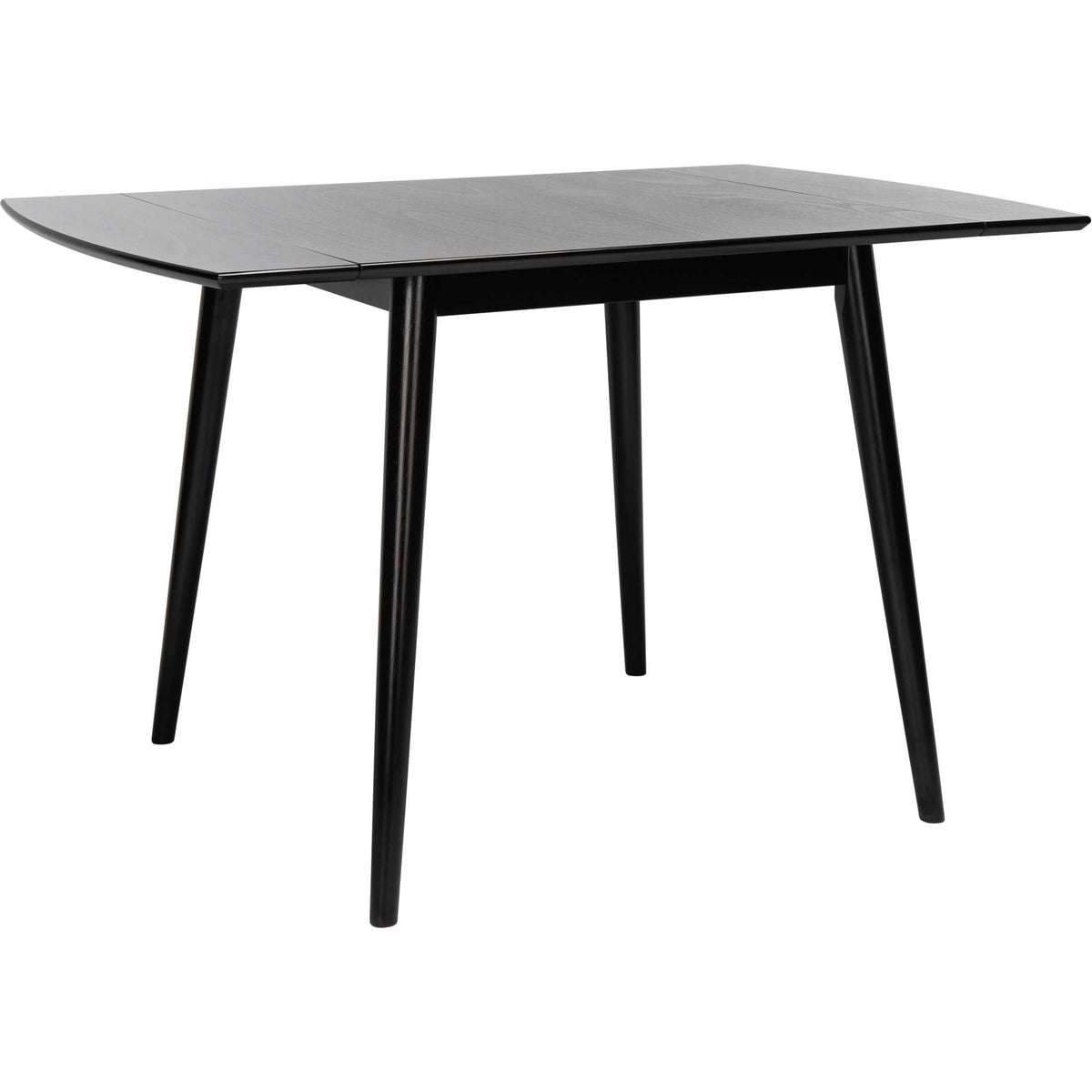 Matte black dining table expands with drop leaves, rounded corners, and subtly splayed legs || DTB1403A || front_angle_converted_studio