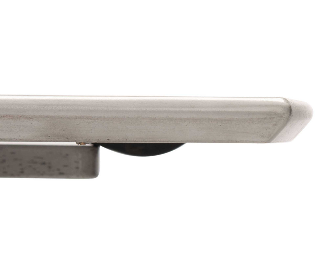 A rounded tabletop edge highlights the subtle grain of the gray wood finish