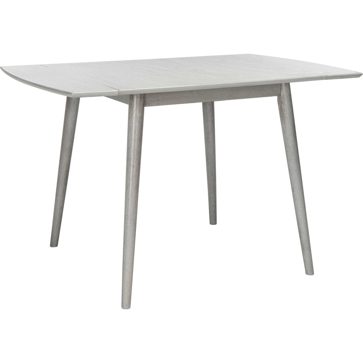 Gray drop-leaf dining table opens into a broad top with rounded corners and tapered legs || DTB1403B || front_angle_converted_studio