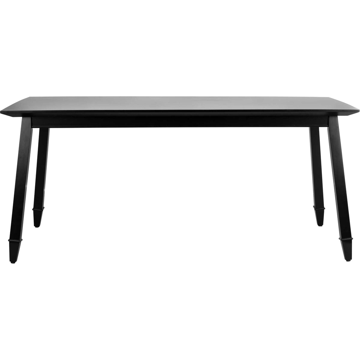 Black dining table with a streamlined rectangular top, slim apron and tapered legs. || DTB5000A || front_studio
