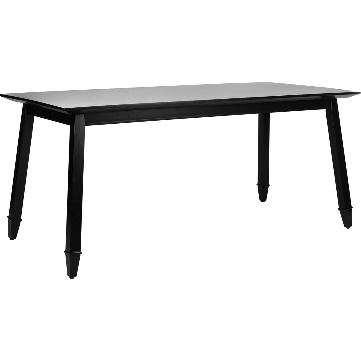 Black rectangular dining table with an overhanging top and four splayed, tapered legs. || DTB5000A || front_angle_studio