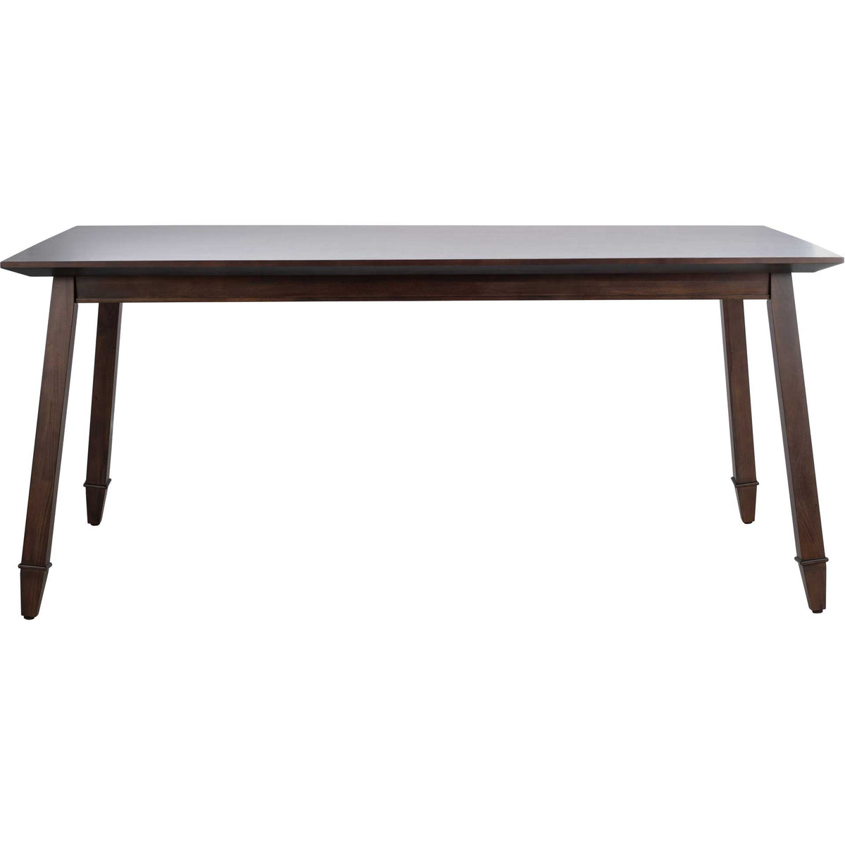 Walnut-finished dining table with a rectangular top, straight apron and tapered legs. || DTB5000B || front_studio