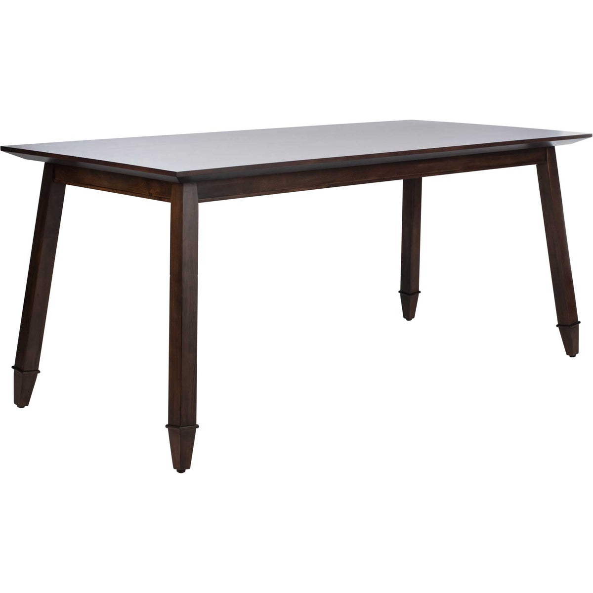 Walnut-brown rectangular dining table with a broad top and splayed wood legs. || DTB5000B || front_angle_studio