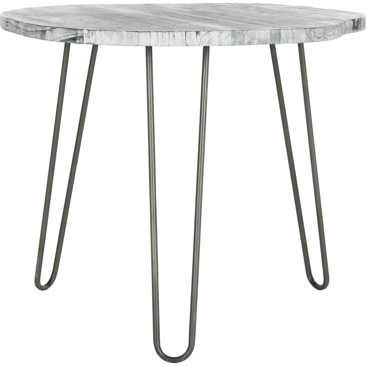 Distressed whitewashed wood tabletop rests on three sculptural black hairpin legs || DTB6500B || back_studio