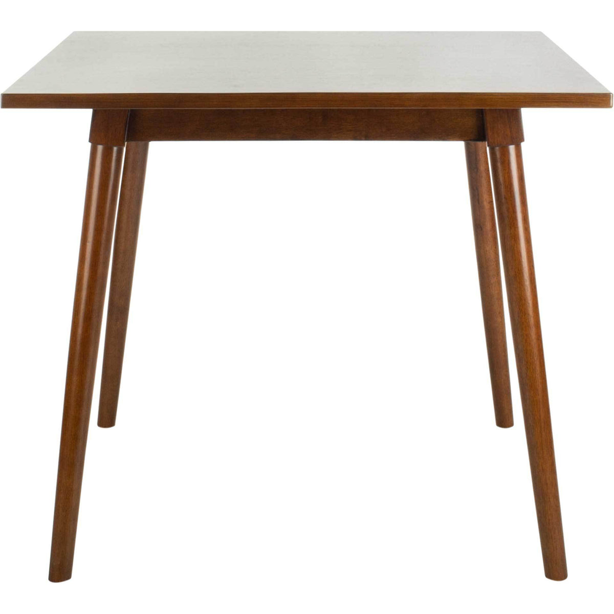 A square walnut dining table pairs its slim top with splayed, tapered legs. || DTB9200A || front_studio