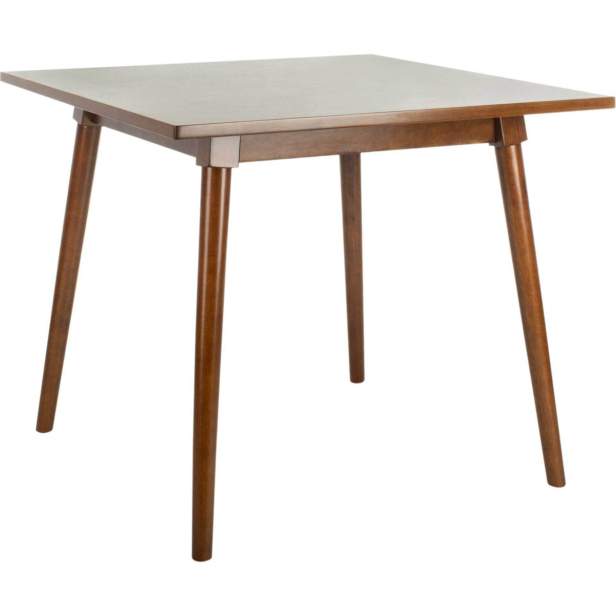 Warm walnut tones highlight the clean square top and angled legs of this dining table. || DTB9200A || front_angle_studio