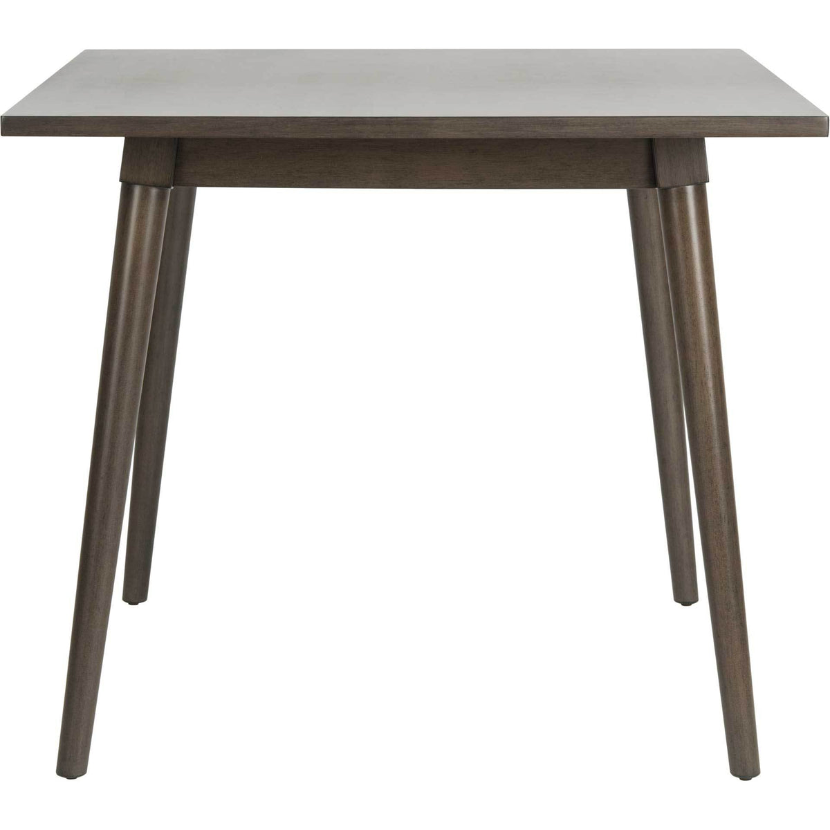 A gray walnut square dining table pairs a slim top with splayed, tapered legs. || DTB9200B || front_studio