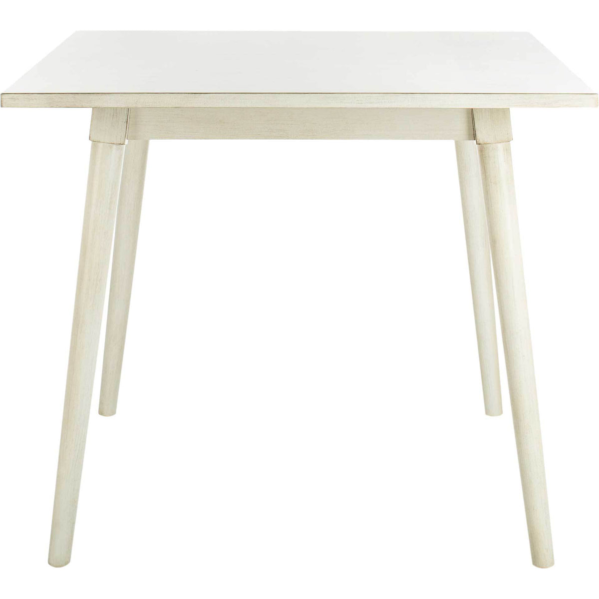 An antique white square dining table balances a slim top on four tapered, splayed legs. || DTB9200C || front_studio