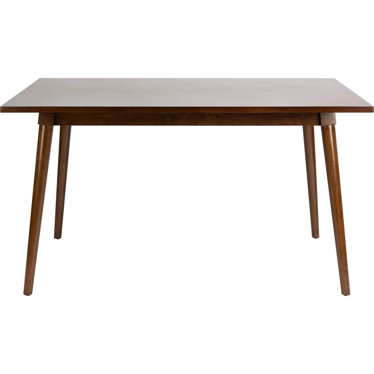 A slim rectangular tabletop in a rich walnut finish rests above four tapered legs. || DTB9201A || front_studio