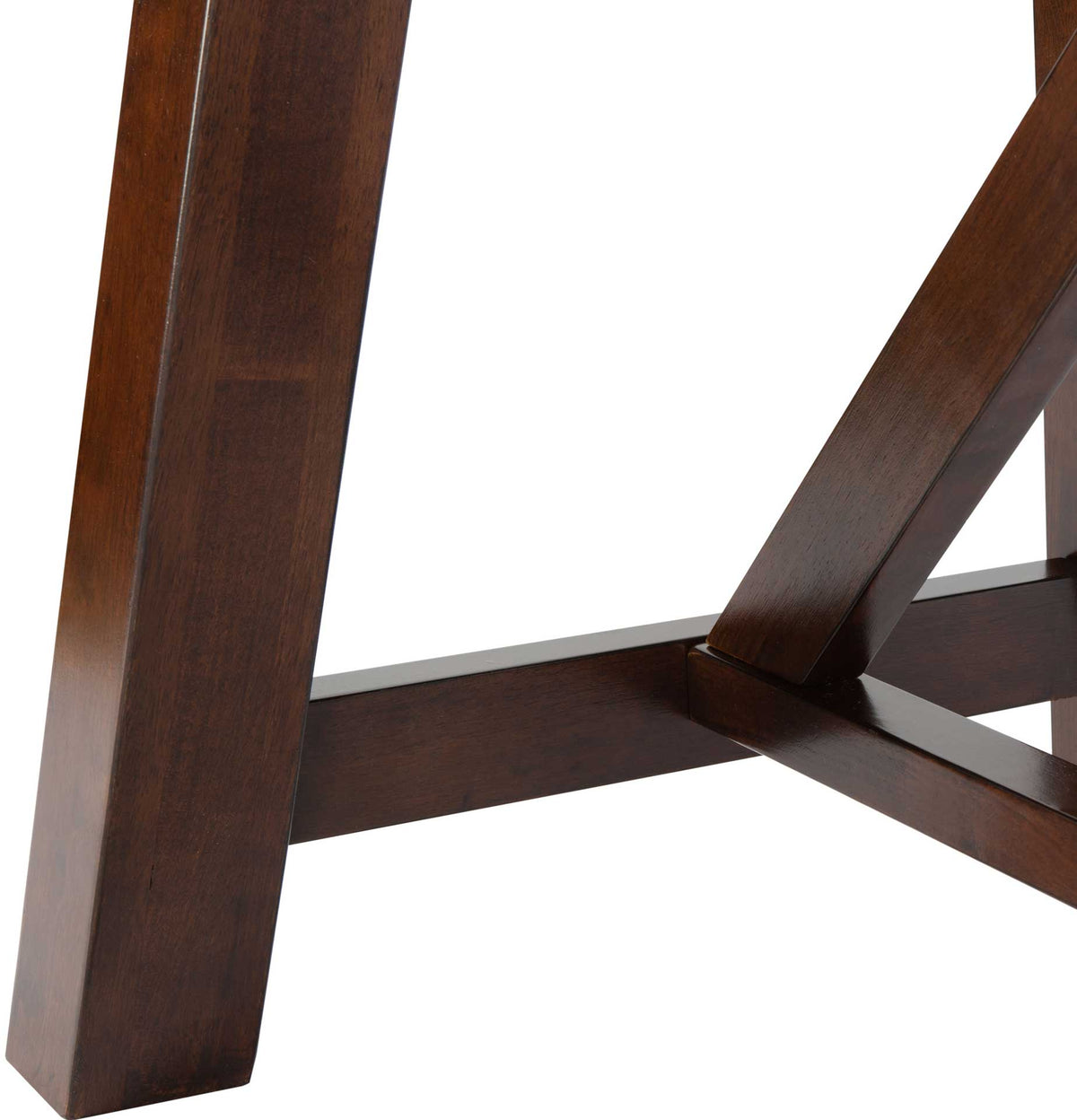 Angled wood legs meet supportive cross braces for a strong, architectural foundation.