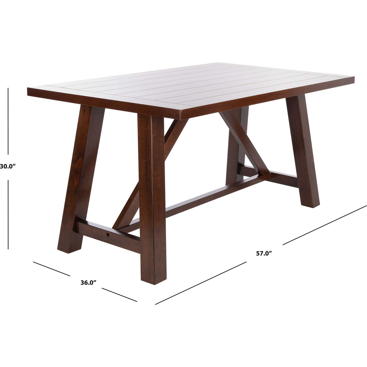 A 57-inch-long, 36-inch-wide tabletop stands 30 inches high on a cross-braced wood base.